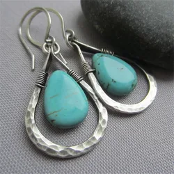 Retro Metal Water Drop Turquoises Gem Stone Dangle Earrings For Women Geometry Vintage Ethnic Jewelry Drop Earring New