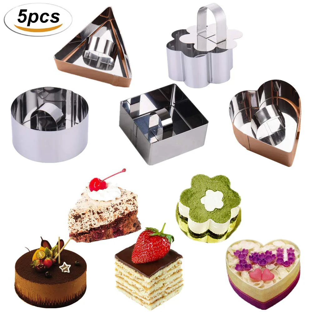 5pcs/pack Mousse Cake Ring Mold Set Stainless Steel Dessert Mousse Mold with Pusher Cooking Rings For Fluffy Pancakes Rice Salad