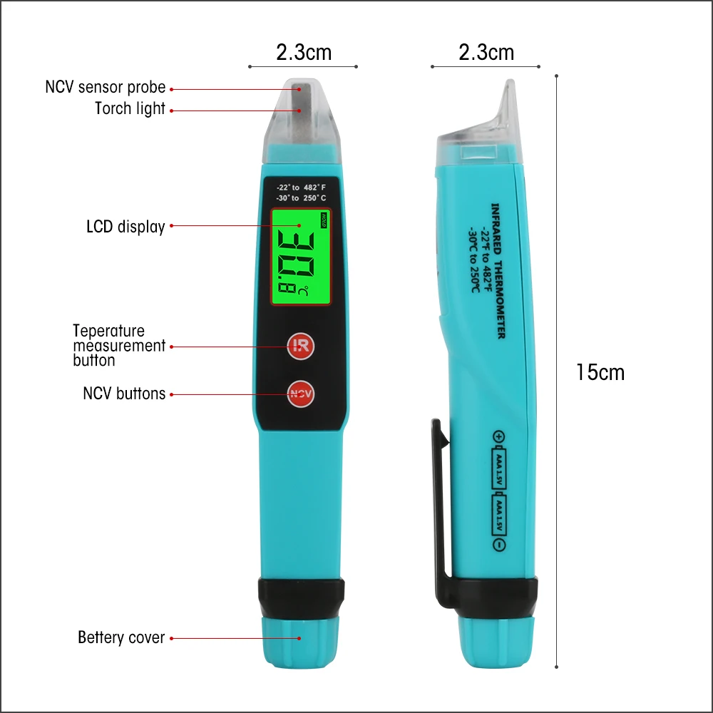 RZ Digital Non-Contact  Thermometer AC Voltage Detector Infrared Thermometer Voltage Pen Type Handheld Induction Voltage Tester