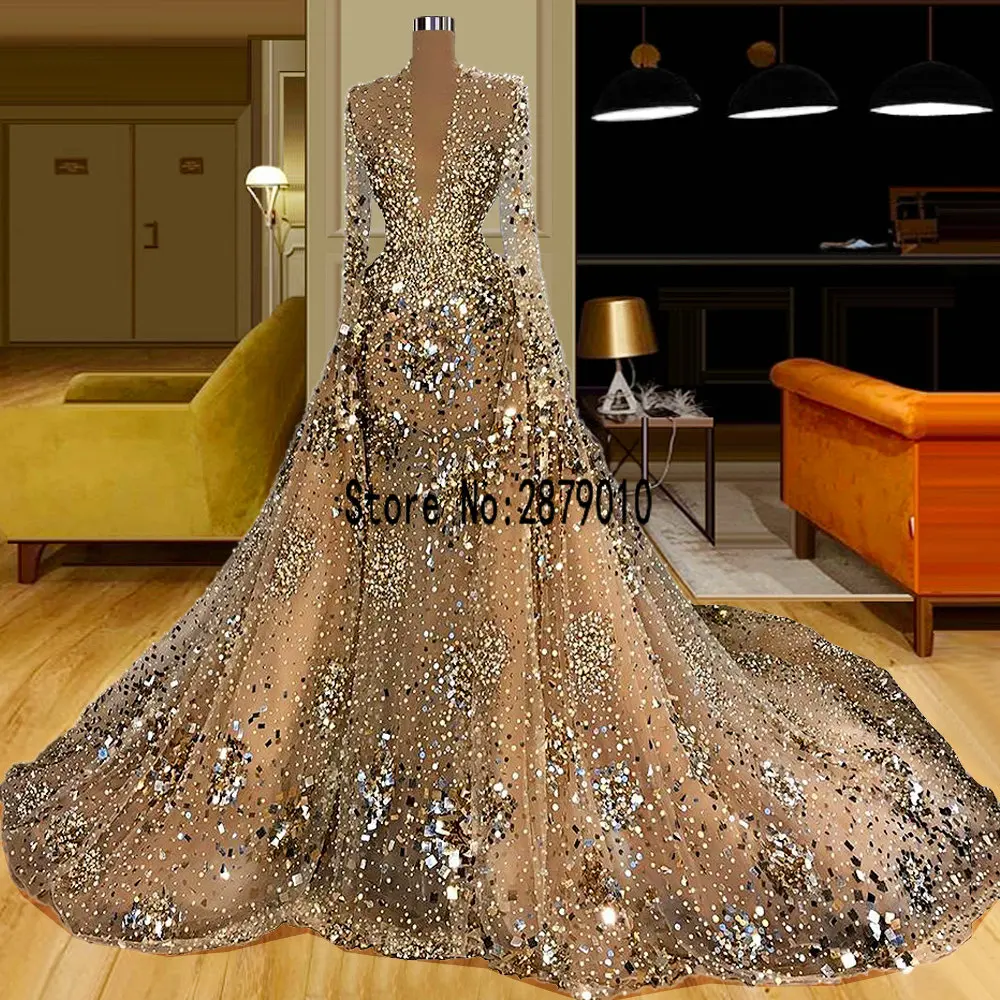 

Sexy Illusion Deep V Neck Champagne Long Sleeve Mermaid Evening Dresses Luxury Beading Evening Gowns Haute Couture