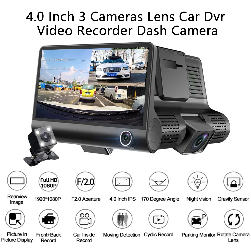 4 Inch Car Dvr Camera  Auto Recorder Dash Cam with 3 Cameras Full hd 1080p lens Registrator with Rear View Camera