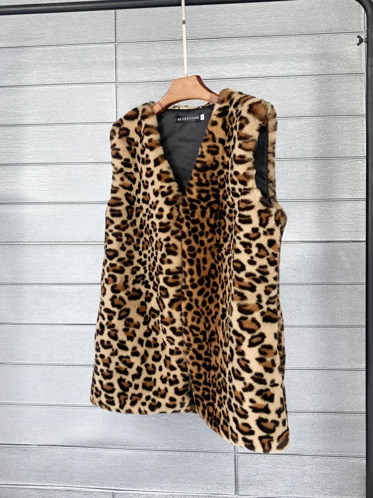 Women Lepoard Fashion Vest Coats Long Section V Neck Female Winter Autumn Imitation Fur Sleeveless Jackets Sexy Waistcoats J3397