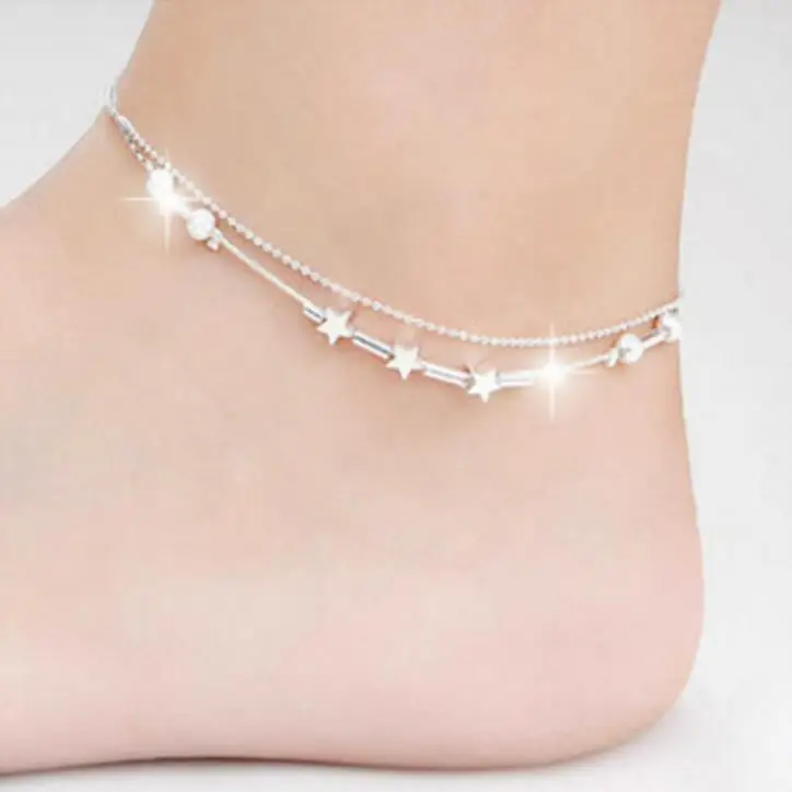 KOFSAC Fashion 925 Sterling Silver Anklets For Women Exquisite Star Small Tube Ankle Chain Jewelry Girl Summer Beach Party Gifts