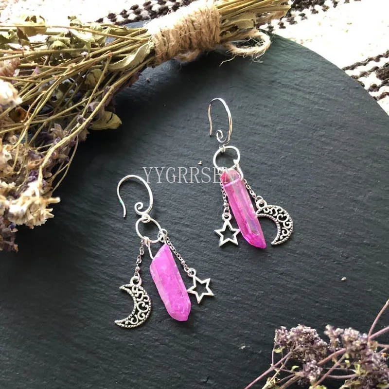 Witch Raw Crystal with Moon and Stars Earrings Witchy Dangle Jewelry Celestial with Healing Quartz Bohemia Jewelry Women Gift