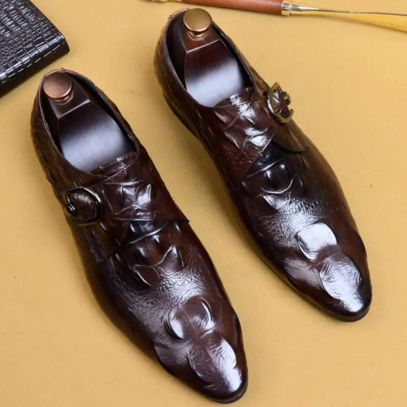 

Pointed Toe Career Work Genuine Leather Dress Shoes Men Luxury Office Work Formal Suit Shoes Crocodile Pattern Wedding Shoes