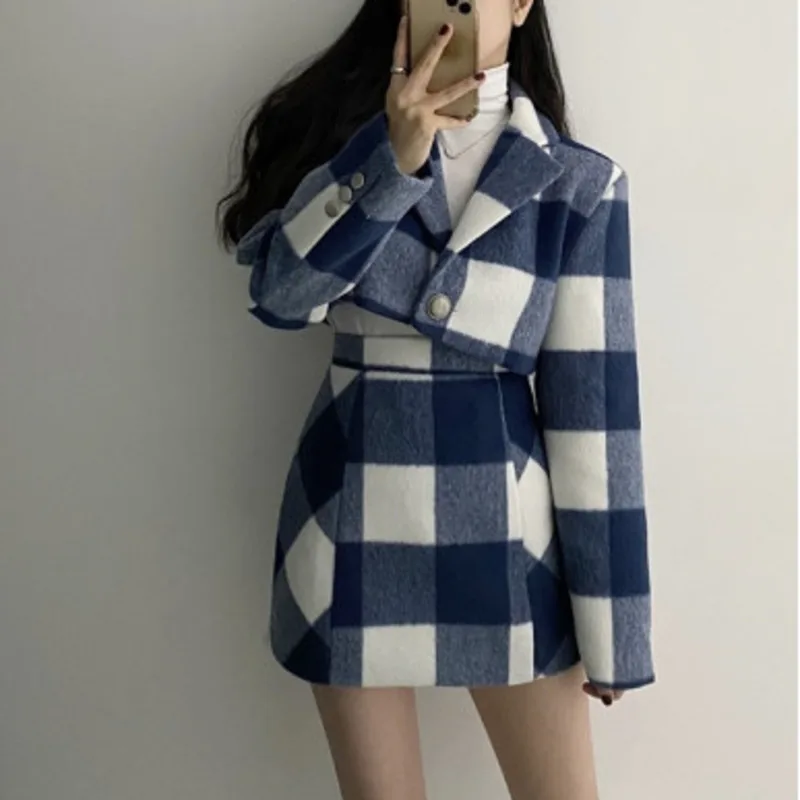 Single Button Blue White Plaid Woolen Sets Fashion Autumn Notched Long Sleeve Crop Coat High Waist Plaid Skirt Two-piece Suit