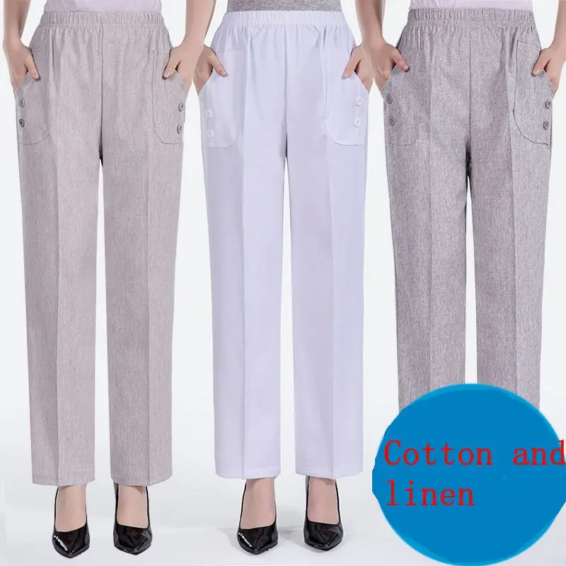 2023 Middle Aged and Old Women Spring Summer Pant Thin Elastic Waist Loose Cotton Mother Long Casual Trousers Plus Size XL-5XL