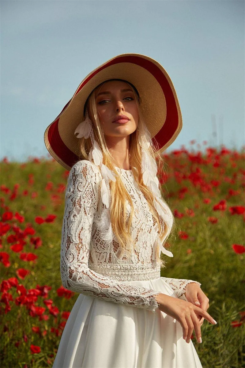 Vestido de novia bohemio de satén con manga larga, traje de boda de corte en A, de encaje, longitud hasta el suelo, 11199