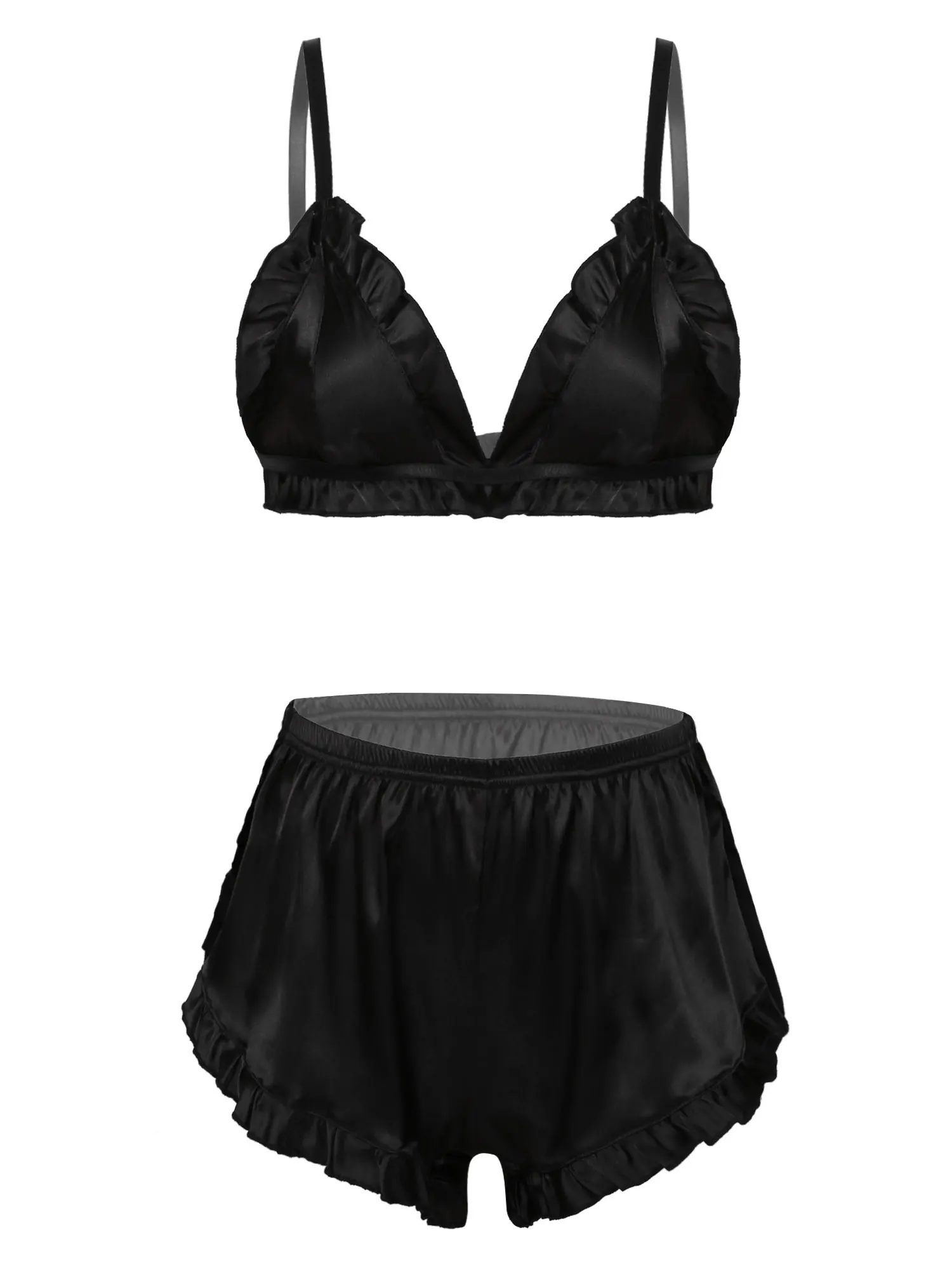 

Женское сексуальное нижнее белье, Атласный пижамный комплект, летняя Пижама с рюшами, ночная рубашка, бюстгальтер без подкладки и шорты с эластичным поясом