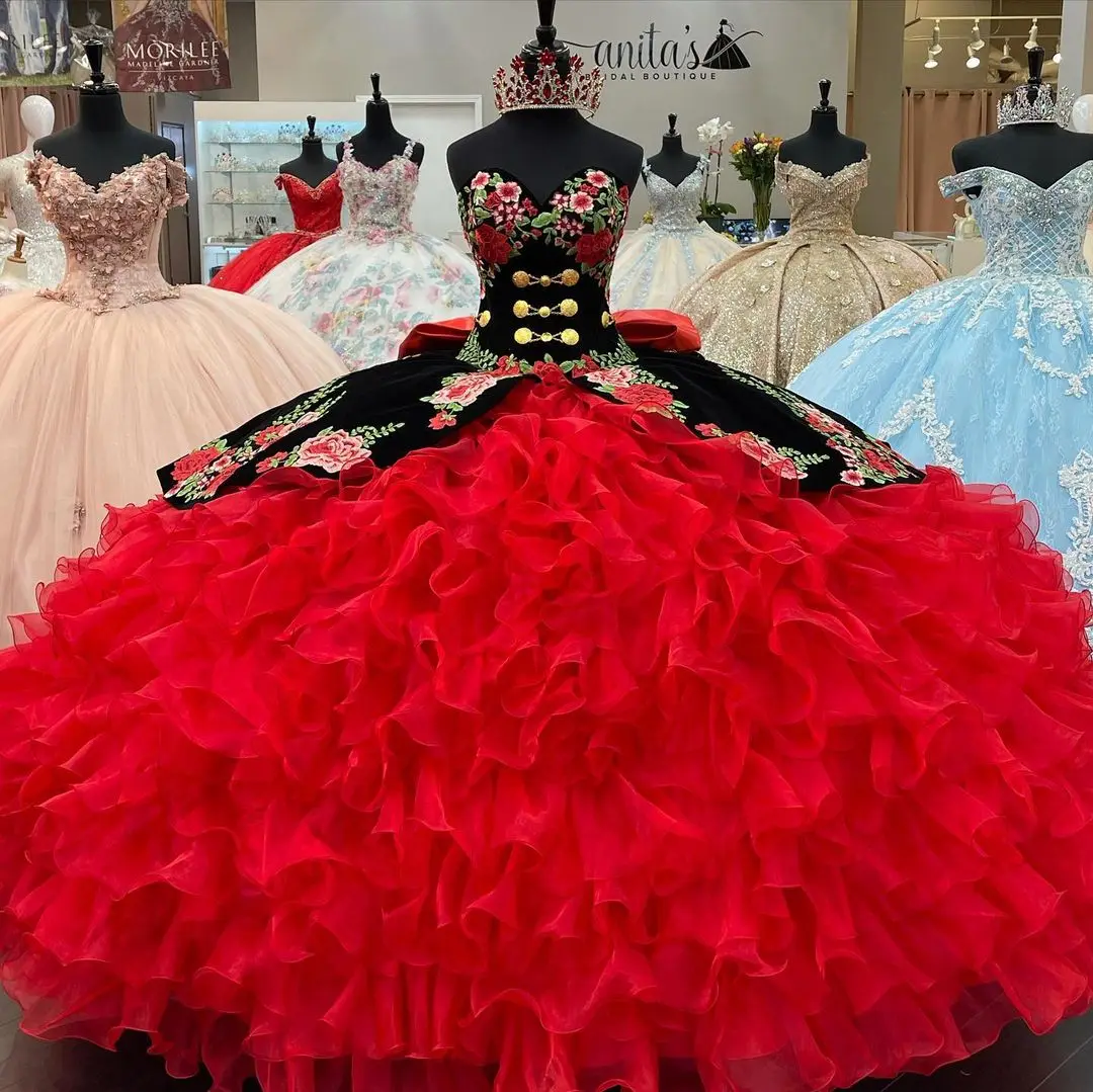 Merah/Hitam Bunga Vestidos De 15 Años 2021 Gembung Quinceanera Gaun Manis 16 Gaun dengan Busur Panjang Gaun Prom Renda-up Sweetheart