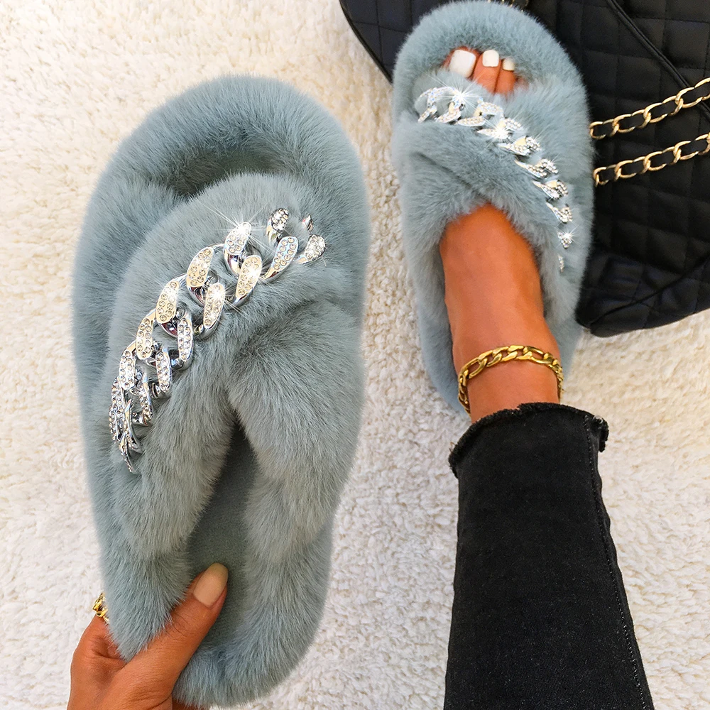 Fluffy Slippers Glitter Crystal Furry Slides Designer Gold Chain Flat Casual Shoes Women\'s Summer Flip-Flops Comfortable Sandals