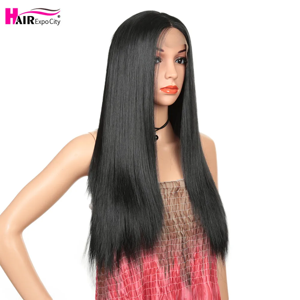 Perruque Lace Wig Synthétique Lisse et Longue de 26 Pouces, Postiche avec Degré de Chaleur, avec Raie au Milieu, pour Femme Noire, Expo City