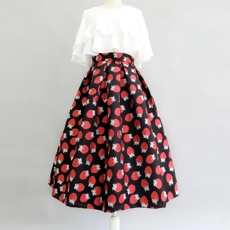 2022 auutmn Women strawberry Printed Ball Gown dress High Waist big Swing party Skirts