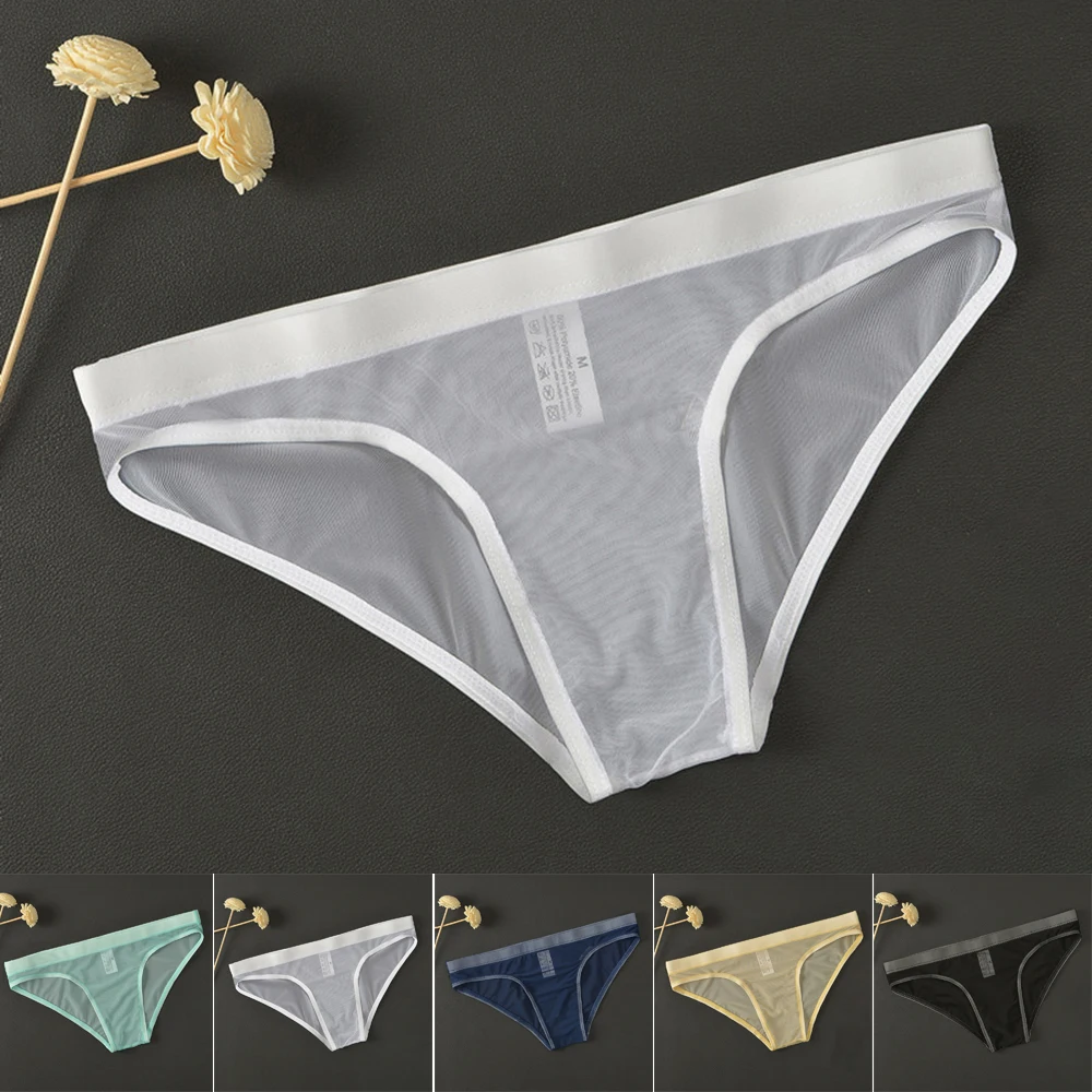 Men\'s Low Rise Underwear Briefs Sexy Breathable Mesh Thongs See Through Lingerie Bikini Briefs Jockstrap Underpants Gays clothes