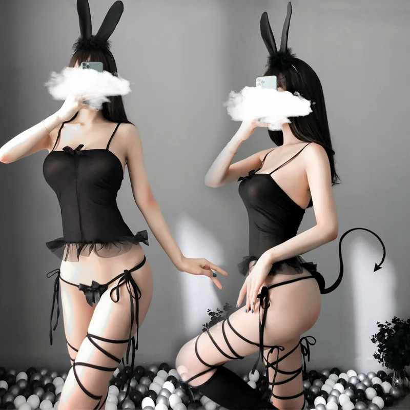 Cosplay Erotic Costume Sexy Bunny  Porno Devil Sling Lingerie Tulle Bustier Bodysuit Bunny Girl Uniform Stocking Set Sex Play