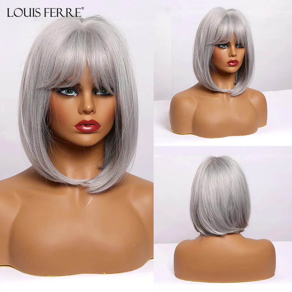 LOUIS FERRE – perruque synthétique grise cendrée argentée avec frange, perruque Bobo Cosplay courte et lisse pour femmes noires, en fibre mignonne