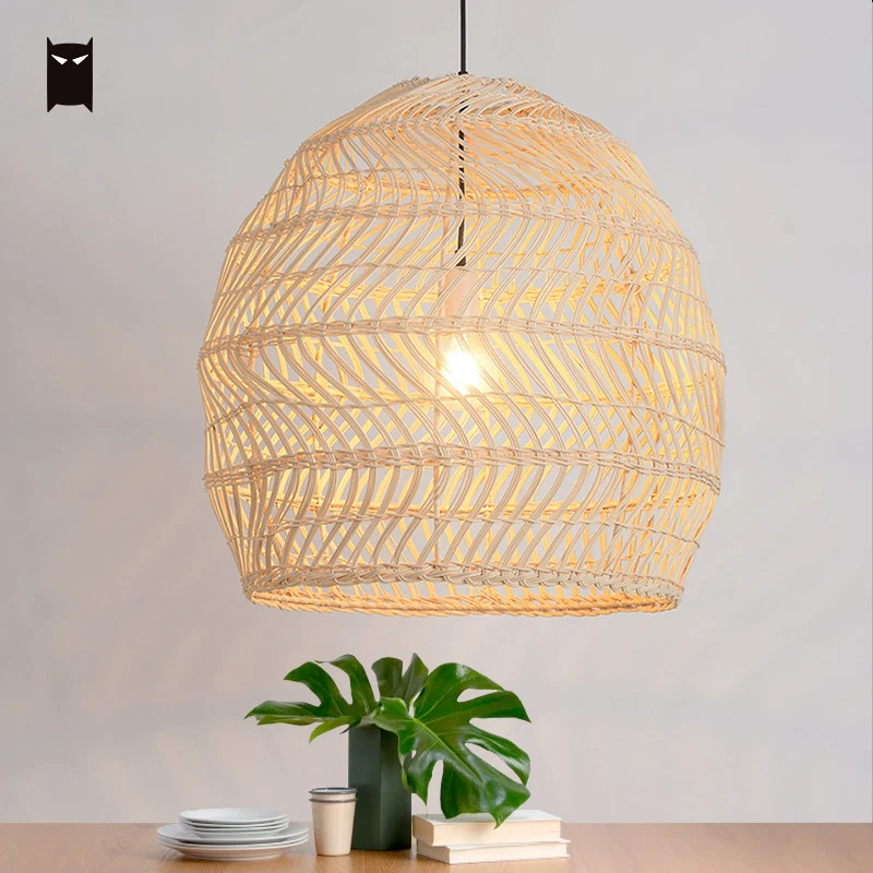 Wicker Rattan Wave Pendant Light Fixture Asian Rustic Country Art Deco Hanging Ceiling Lamp Home Lighting Project Balcony Foyer