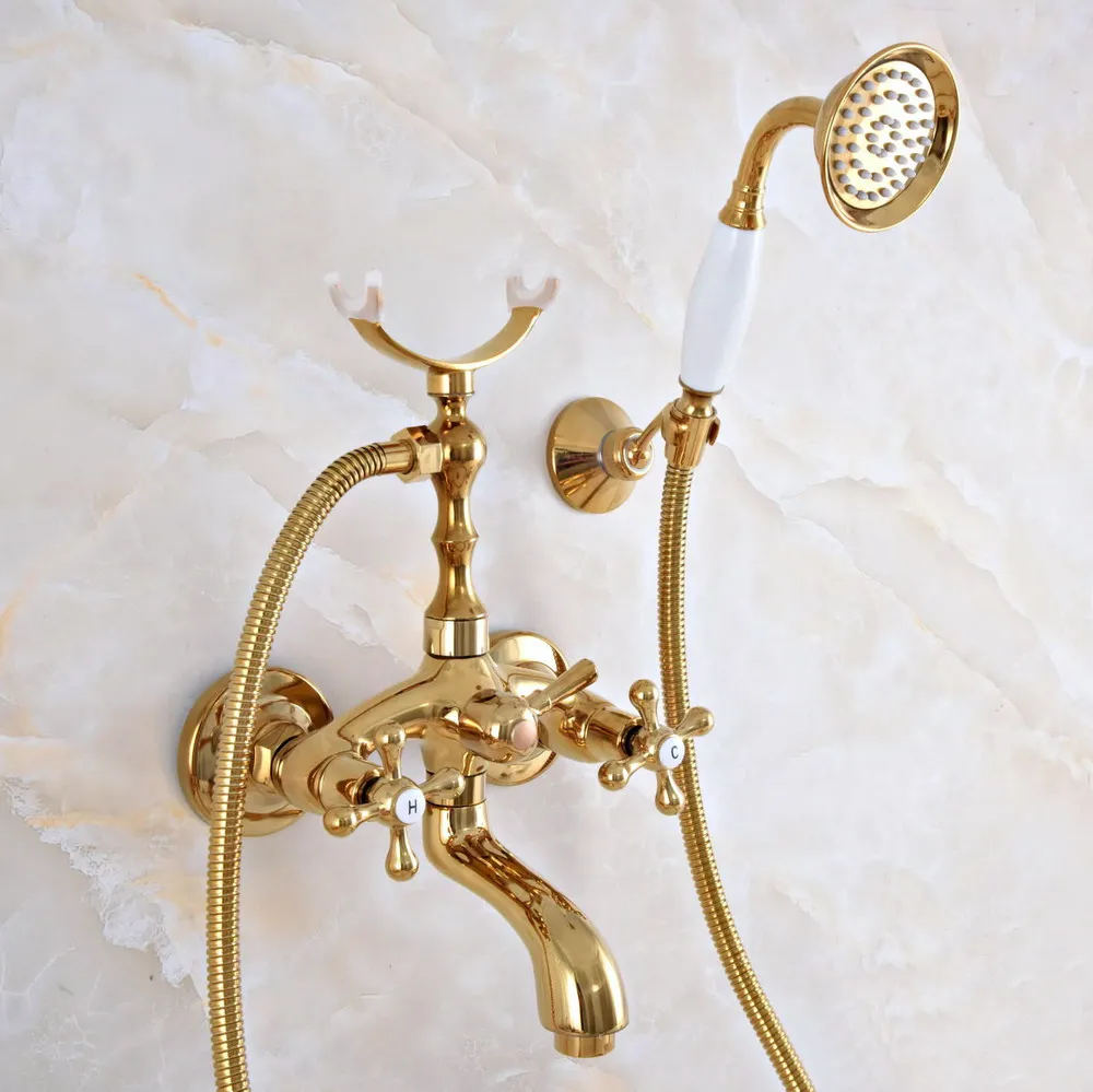 Luxury Gold Color Brass Wall Mounted Bathroom Bath Tub Faucet Set with 1500MM Hand Held Shower Spray Mixer Tap 2na954