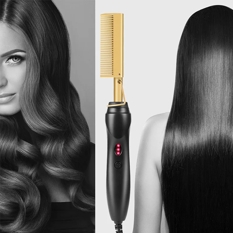 

Hot Comb Rapid Heating 2in1 Straightening Curling Style Titanium Alloy Copper Color Flat Iron Hair Brush