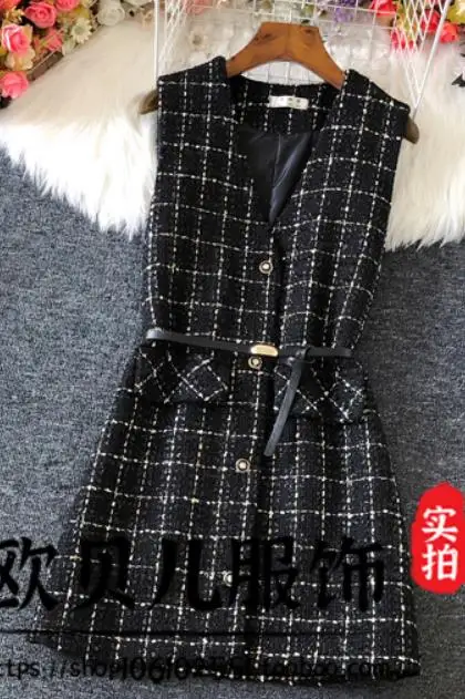 Small fragrance winter plaid French style tweed woolen tank dress women v-neck slim a-line bottoming dress