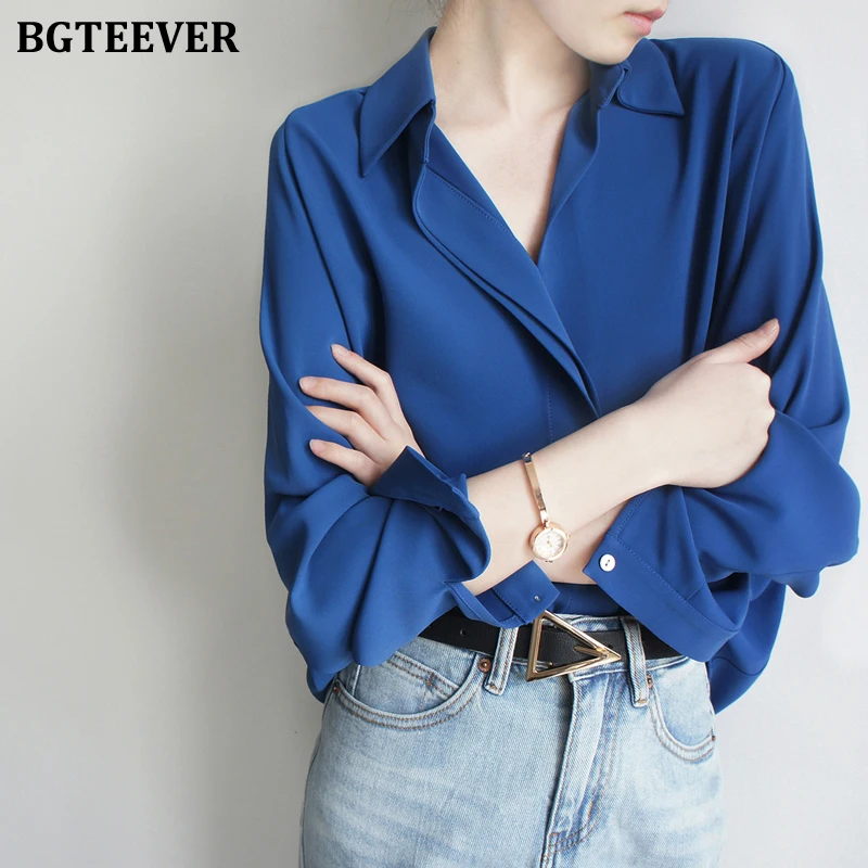 BGTEEVER Fashion Turn-down Collar Ladies Solid Blouses 2022 Spring Loose Women Shirts Elegant Long Sleeve Female Pullovers