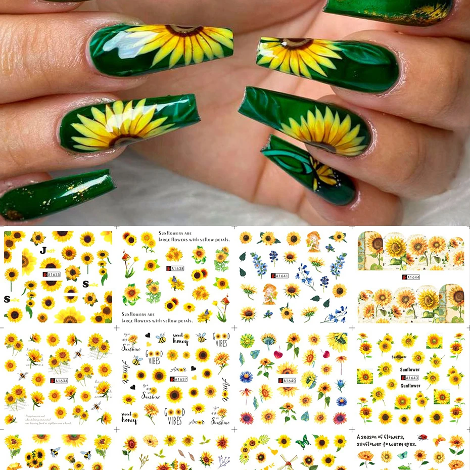 

Yellow Sunflower Stickers For Nails Spring Leaves Butterfly Nail Art Water Sliders 2021 Decorations Decal Manicure LEA1633-1644