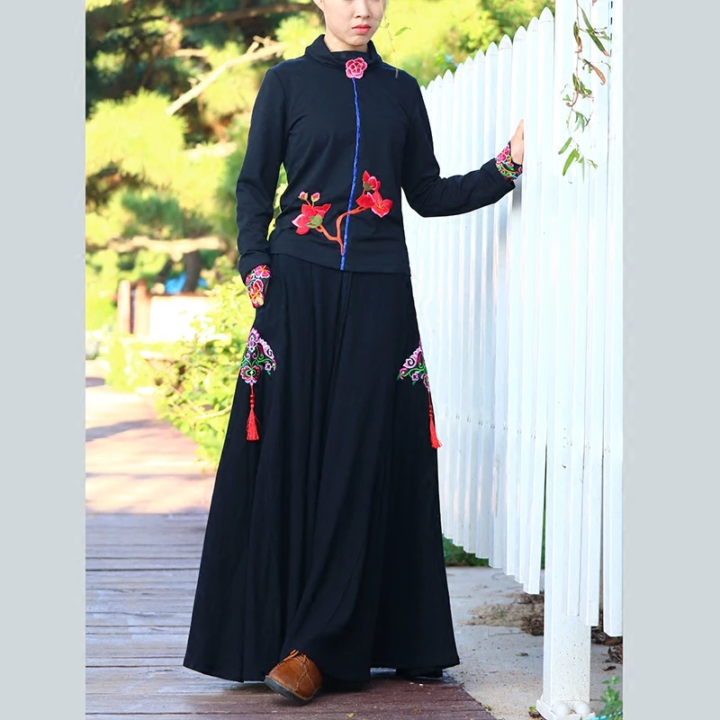 

Free Shipping 2022 New Long Maxi Cotton Linen Autumn And Winter Skirt Women M-XL Elastic Waist Black Big Hem Tassels Embroidery