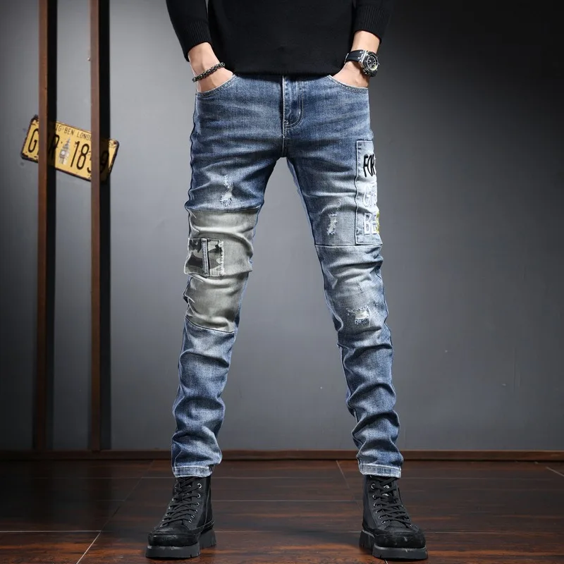 Fashion Men Jeans Black ripped Patchwork Pants Straight Leg Patches Jean Streetwear Casual Slim Fit Denim Trousers