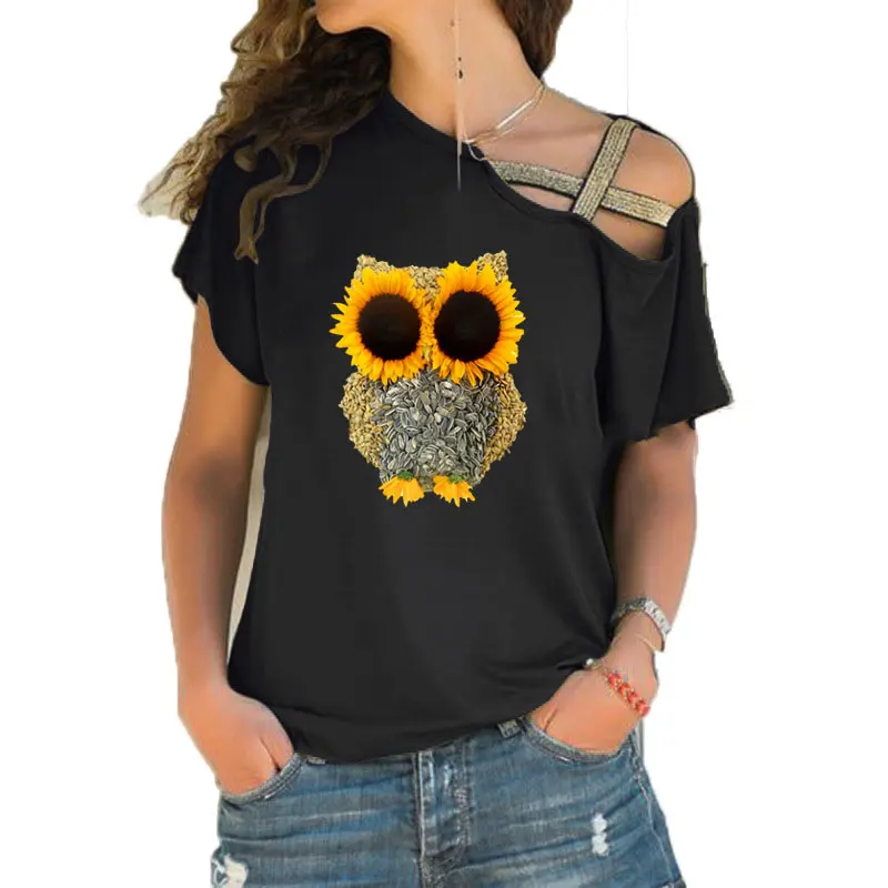 2020 New Summer Sunflower Owl Print girl T Shirt Women Short Sleeve T-shirt Irregular Skew Cross Bandage Tee Tops