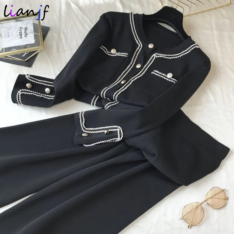 

2022 New Autumn Korean Color Block Round Neck Double Pocket Knit Cardigan Top + Loose Wide Leg Pants Two-piece Pants Women Set