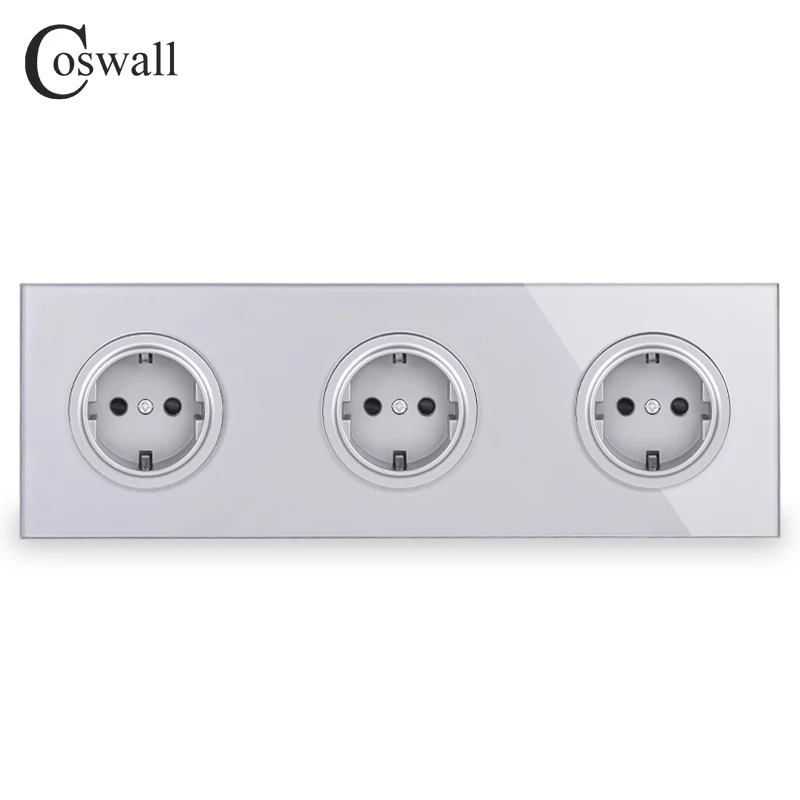 Coswall Crystal Tempered Pure Glass Panel 16A Triple EU Standard Wall Power Socket Outlet Grounded With Child Protective Lock