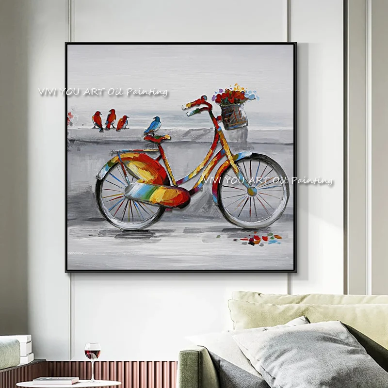 

The Hand-painted Color Bicycle Bird Flower Creative Abstract Art Oil Painting On Canvas Artwork For Living Room Decor Frameless