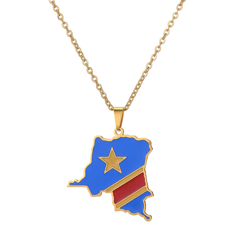 Africa Democratic Republic of the Congo Map Flag Pendant Necklace Gold/Steel Color Men/Women Stainless Steel Map Ethnic jewelry