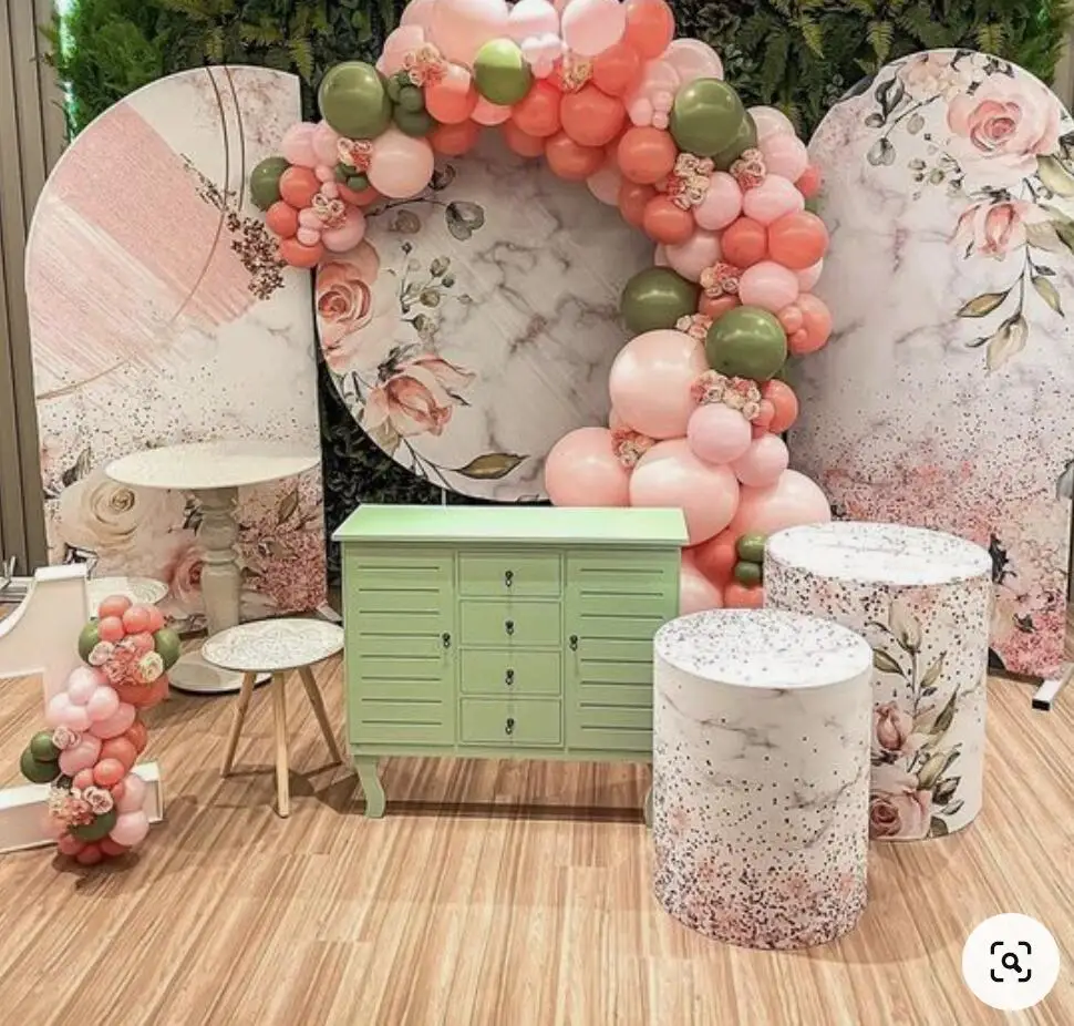 Pink Marble Round Wedding Bridal Shower Baby Girl Party Decoration Cylinder Table Covers Printed Photo Background Elastic Fabric