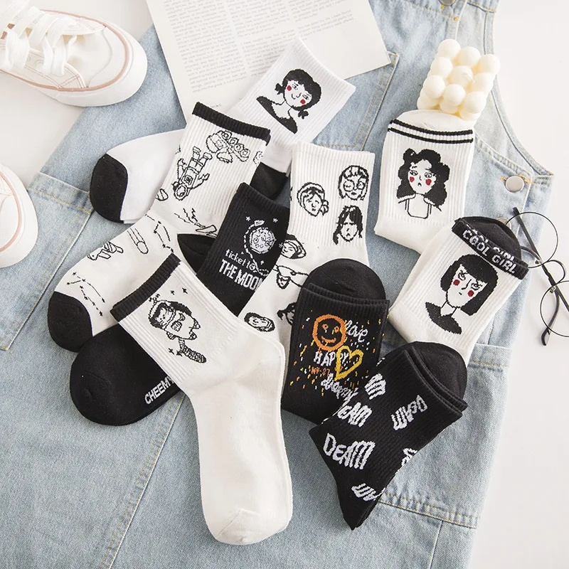 New Harajuku Women Creative Graffiti Tube Socks Wild Girl Long Tube Character Avatar Ins Tide Letter Cotton Socks