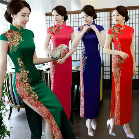New Chinese Traditional Mandarin Collar Embroider Cheongsam Women Wedding Evening Party Dress Classic Button Qipao Novelty