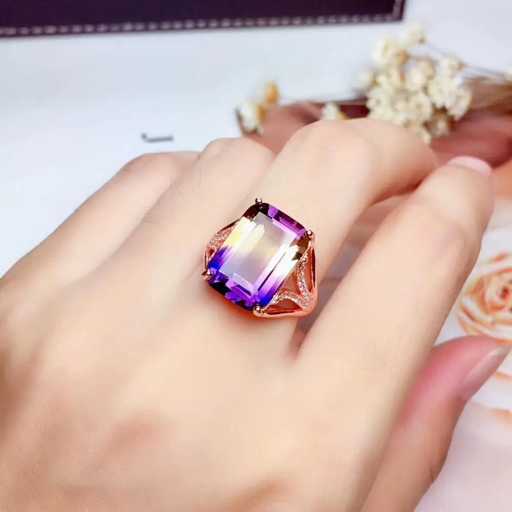 big size Natural  Amethyst Gemstone Ring with 925 silver jewelry for women hot selling gift real 925 silver gold plated lucky