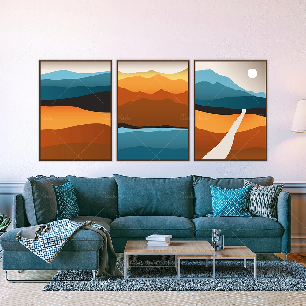 Colorful Mountain Set, Mountain Lake Poster, Warm Colors Nature Art, Abstract Landscape Minimalist Print, Modern River Panorama