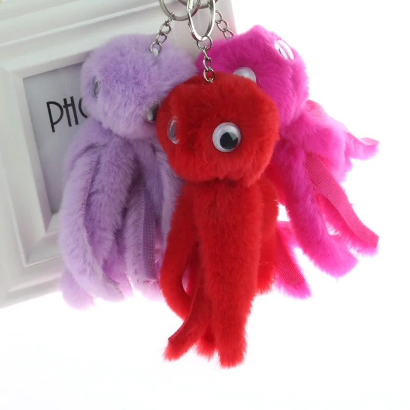 Plush Fur Pompom Octopus Keychain Fluffy Pom Pom Fur Ball Key Chain Women Car Bag Trinket Female Jewelry Party Gift