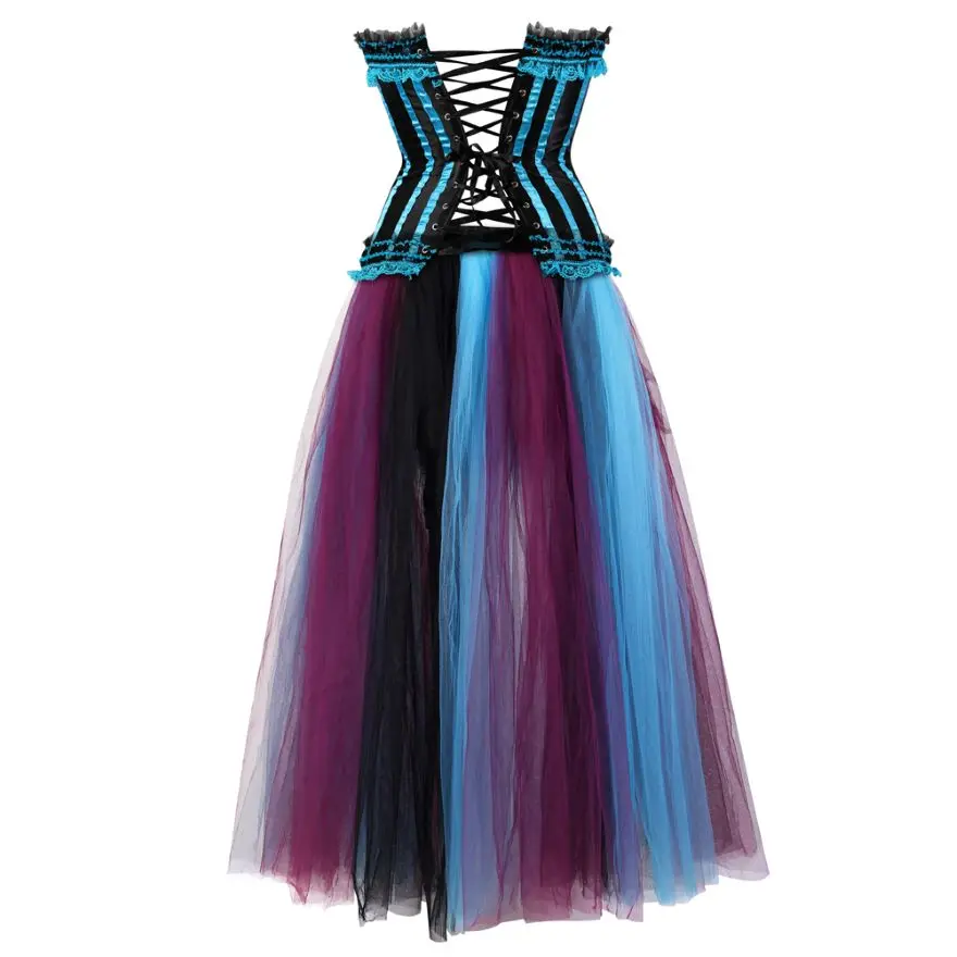 Women Sexy Corset Dress Vintage Satin Lace Corset Bustier Lingerie Top With Burleque Multicolor Tulle Long Skirt Set Plus Size