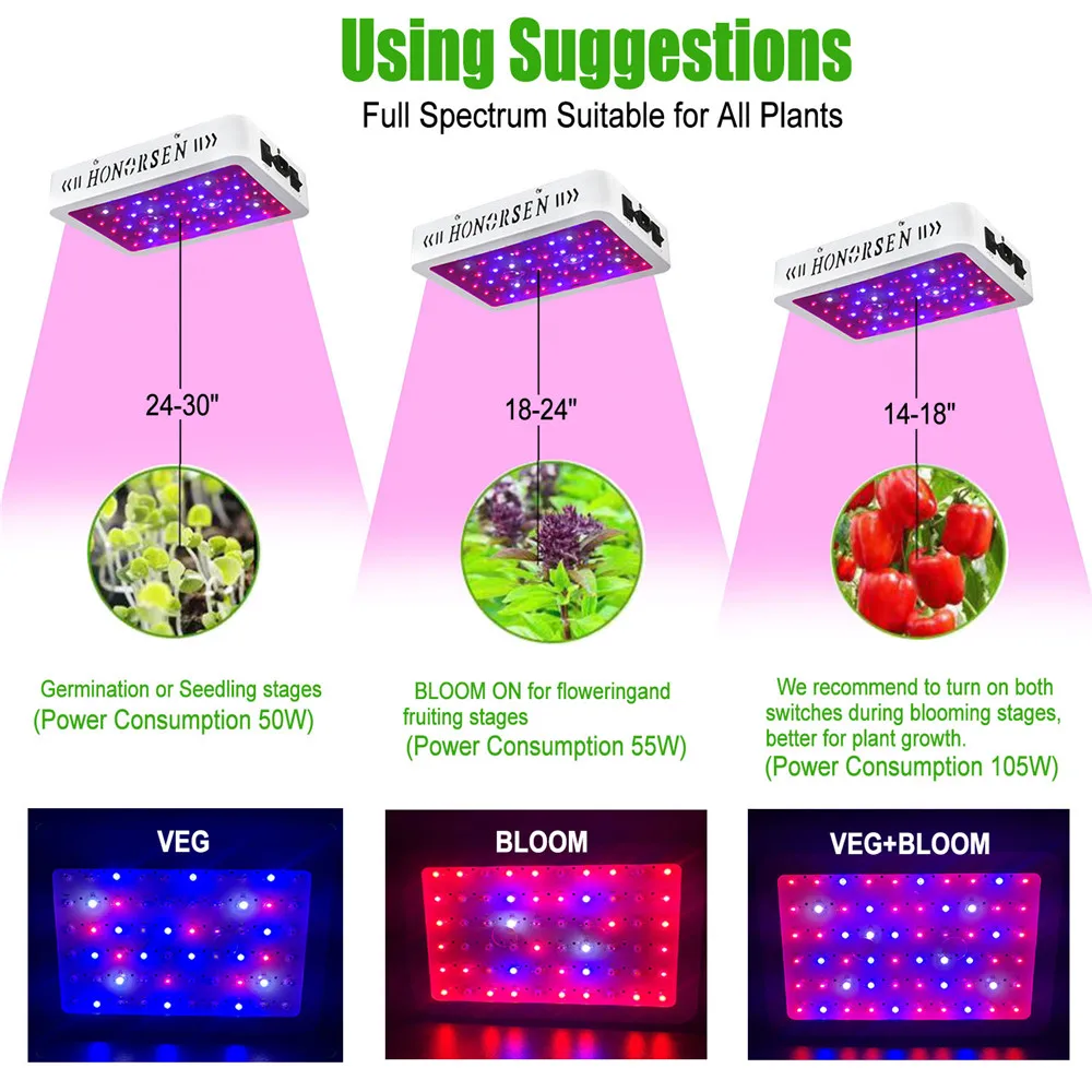 600W Led Grow Light Full Spectrum with Double Switch Veg and Bloom Growing Lights for Indoor Plants(10W led Chips 60Pcs)