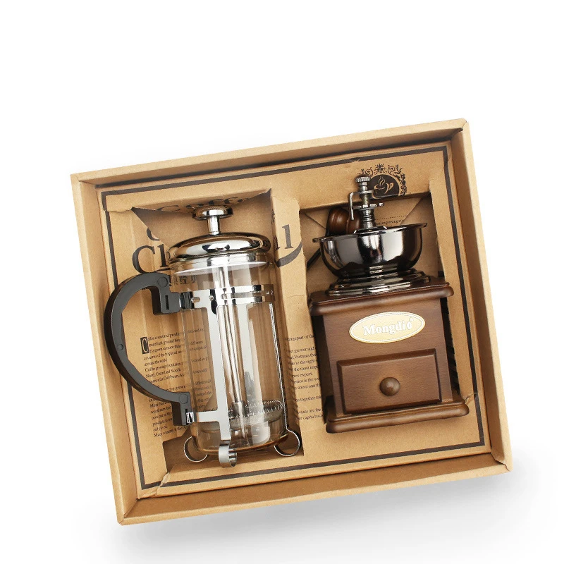 

Retro Wooden Manual Coffee Grinder & 350ml French Press Coffee Pot Set Hand-grinding Miller Coffee Bean Milling Machine Gift Box