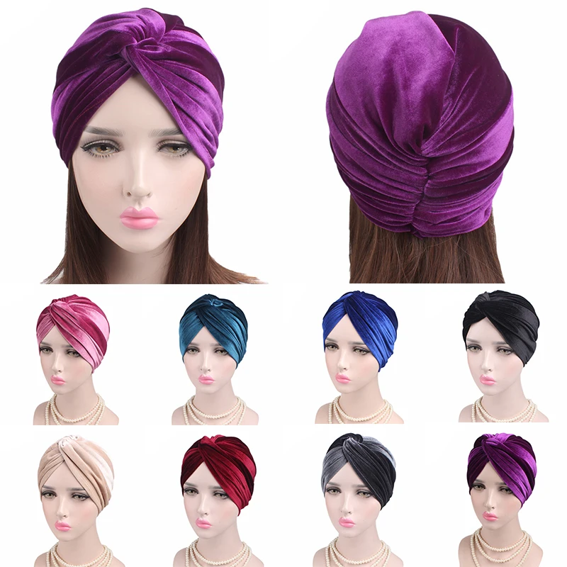 Headscarf Luxury Soft Velvet Turban Stretch Turban Hat Cross Twist Cap Chemo Caps Soft Headwrap Headbands Muslim Hats Headwear