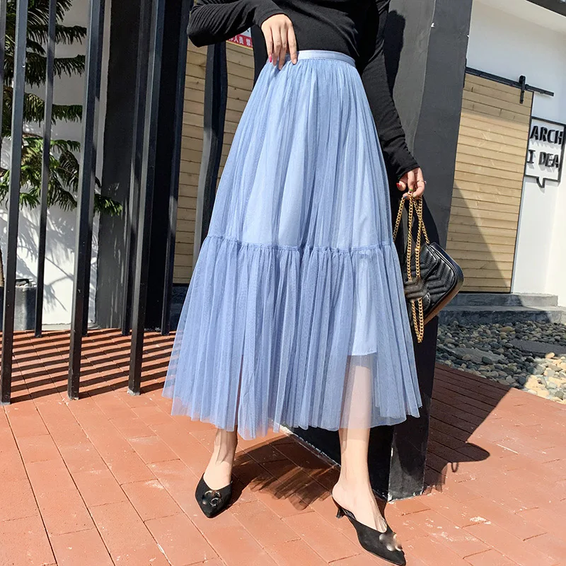 Elegant Midi Long Tutu Tulle Skirt Women Fashion 2019 Korean Green Blue High Waist Pleated Long Maxi Skirt Female Jupe Longue