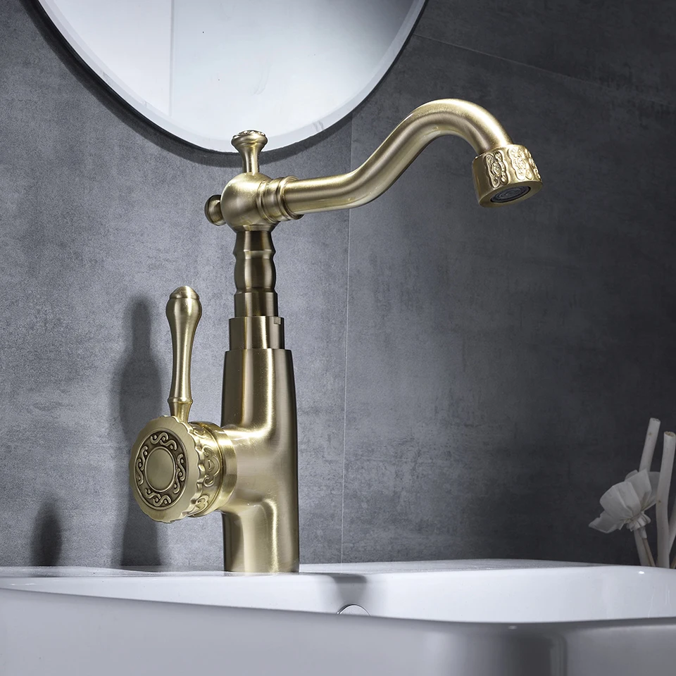 Basin Faucets Antique Brass Single Handle Bathroom Sink Mixer Taps Deck Mounted Hot and Cold Water Mixer Faucet Bathroom Crane