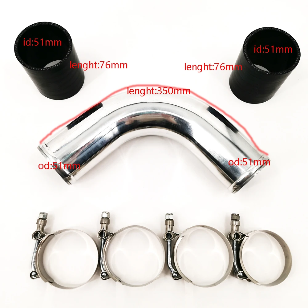 Universal 2 inch Polished 90 degree Aluminum Intercooler Turbo Pipe + Silicone Coupler + Stainless Steel T-Clamps