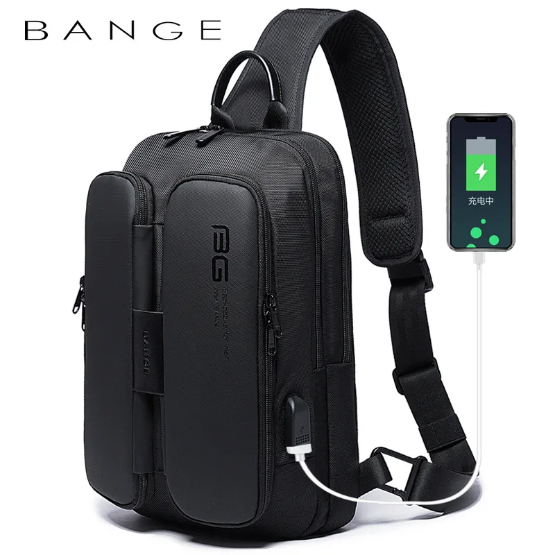 BANGE-bolsa de peito impermeável masculina, bolsas casuais, bolsa de ombro com carregamento USB, bolsa de mensageiro Oxford, grande capacidade,