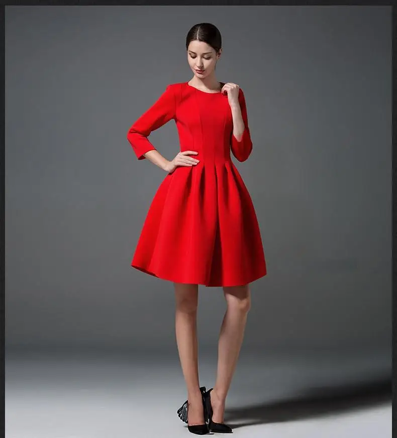 

Spring Autumn European Simple Three Quarter Sleeve Lady's Elegant Causal Dress OL Party Dresses Women Red Dress