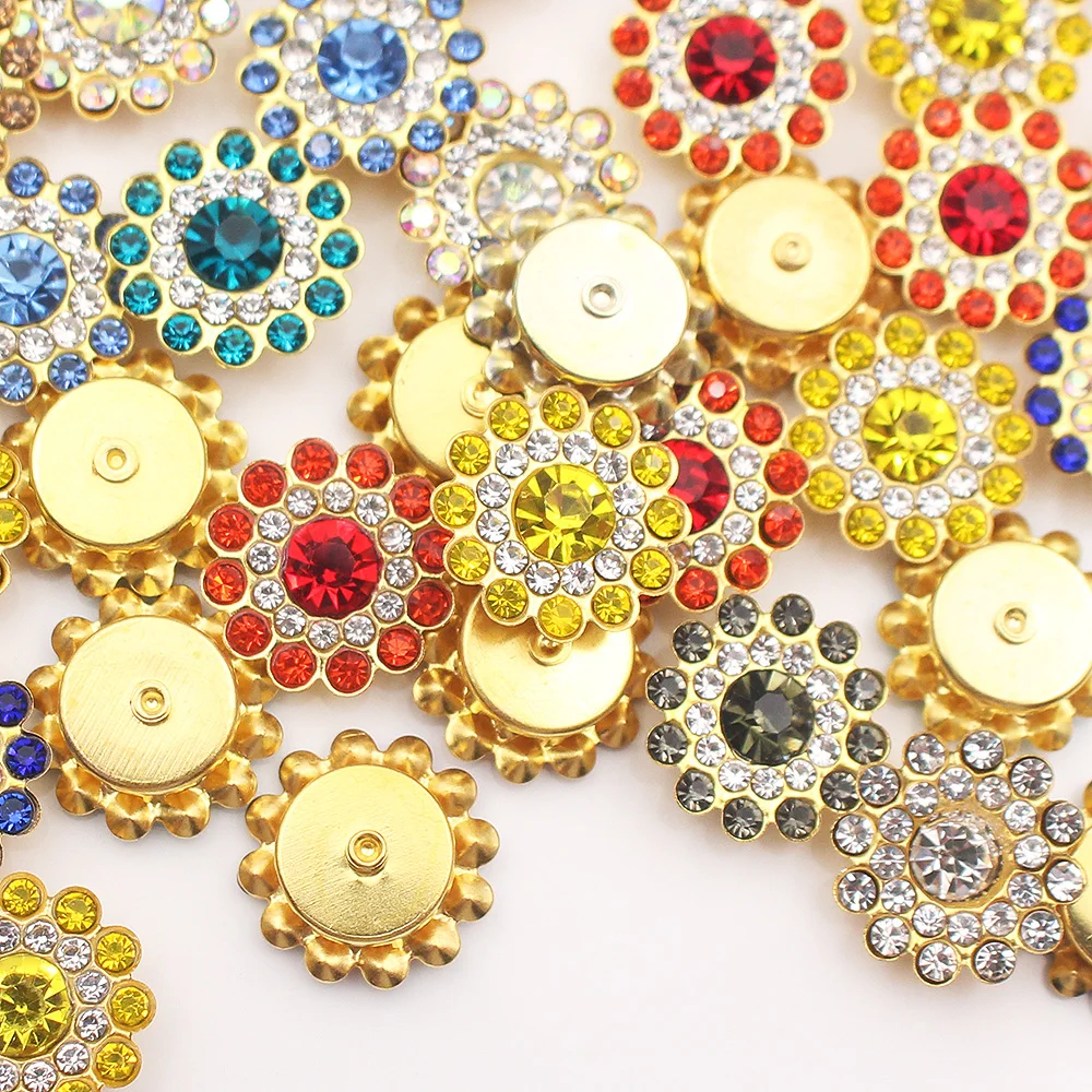 Diamantes de imitación dorados de garra de flor de 14mm, cristales brillantes, cuentas de vidrio, adorno para coser, piedras de decoración de ropa,