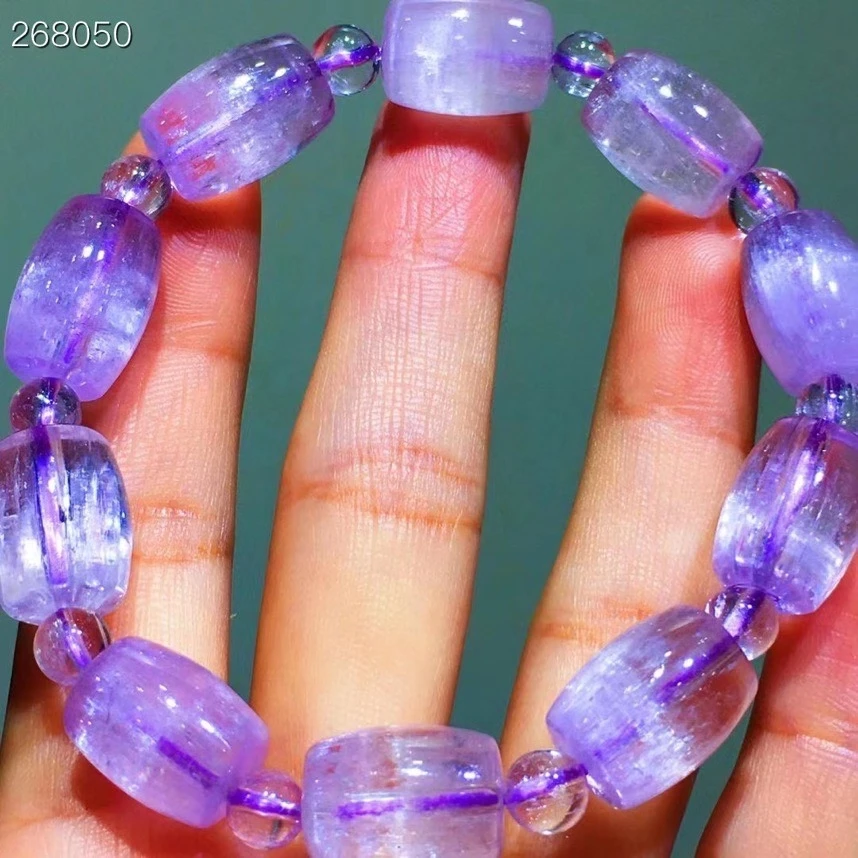 Natural Purple Kunzite Quartz Clear Bracelet 15.6x11mm Cat Eye Women Barrel Round Beads Rare Powerful Energy AAAAAA